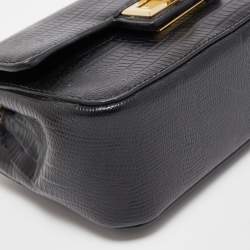 Pre Owned DKNY Black Lizard Embossed Leather Mini Flap Chain Shoulder Bag