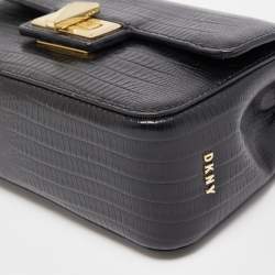 Pre Owned DKNY Black Lizard Embossed Leather Mini Flap Chain Shoulder Bag