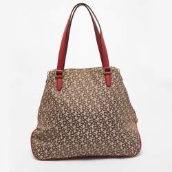 Pre Owned DKNY Red/Beige Signature Canvas and Leather Large Zip Tote