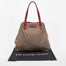 Pre Owned DKNY Red/Beige Signature Canvas and Leather Large Zip Tote