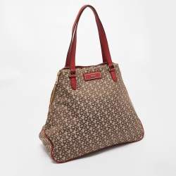 Pre Owned DKNY Red/Beige Signature Canvas and Leather Large Zip Tote