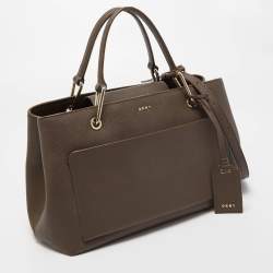 Pre Owned DKNY Dark Beige Leather Front Pocket Top Handle Bag