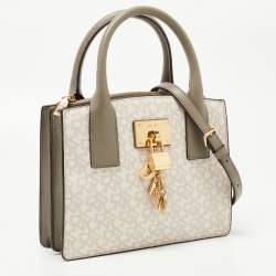Pre Owned DKNY Grey/Off White Signature Coated Canvas and Leather Padlock Charm Satchel