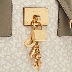 Pre Owned DKNY Grey/Off White Signature Coated Canvas and Leather Padlock Charm Satchel