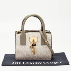 Pre Owned DKNY Grey/Off White Signature Coated Canvas and Leather Padlock Charm Satchel