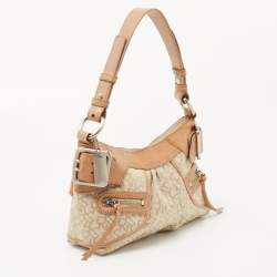 Pre Owned Dkny Beige/Light Green Monogram Canvas and Leather Buckle Baguette Bag 