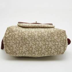DKNY Red/Beige Monogram Canvas and Leather Turnlock Pocket Satchel