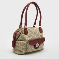 DKNY Red/Beige Monogram Canvas and Leather Turnlock Pocket Satchel