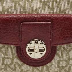 DKNY Red/Beige Monogram Canvas and Leather Turnlock Pocket Satchel