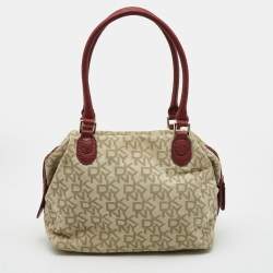 DKNY Red/Beige Monogram Canvas and Leather Turnlock Pocket Satchel