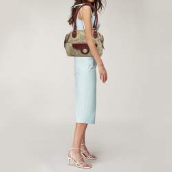 DKNY Red/Beige Monogram Canvas and Leather Turnlock Pocket Satchel