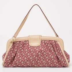 Pre Owned Dkny Pink/Beige Signature Canvas And Leather Pushlock Baguette