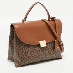 Pre Owned DKNY Brown Monogram Coated Canvas and Leather Logo Flap Top Handle Bag