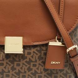 Pre Owned DKNY Brown Monogram Coated Canvas and Leather Logo Flap Top Handle Bag
