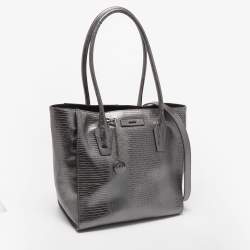 Pre Owned DKNY Metallic Dark Grey Lizard Embossed Leather Tote