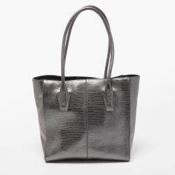 Pre Owned DKNY Metallic Dark Grey Lizard Embossed Leather Tote