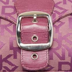 Pre Owned Dkny Magenta Signature Canvas and Lizard Embossed Leather Buckle Flap Satchel