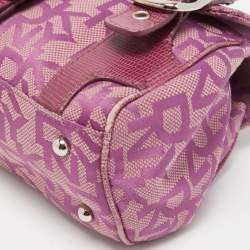 Pre Owned Dkny Magenta Signature Canvas and Lizard Embossed Leather Buckle Flap Satchel