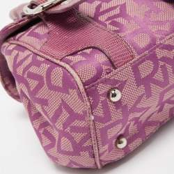 Pre Owned Dkny Magenta Signature Canvas and Lizard Embossed Leather Buckle Flap Satchel