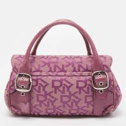 Pre Owned Dkny Magenta Signature Canvas and Lizard Embossed Leather Buckle Flap Satchel