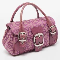 Pre Owned Dkny Magenta Signature Canvas and Lizard Embossed Leather Buckle Flap Satchel