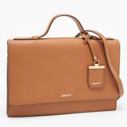 Pre Owned DKNY Brown Saffiano Leather Logo Flap Top Handle Bag