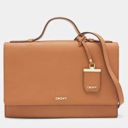 Pre Owned DKNY Brown Saffiano Leather Logo Flap Top Handle Bag