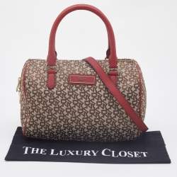 Pre Owned Dkny Red/Beige Monogram Canvas and Leather Boston Bag