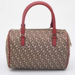 Pre Owned Dkny Red/Beige Monogram Canvas and Leather Boston Bag