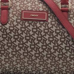 Pre Owned Dkny Red/Beige Monogram Canvas and Leather Boston Bag