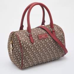 Pre Owned Dkny Red/Beige Monogram Canvas and Leather Boston Bag