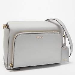 Pre Owned DKNY Grey Leather Front Zip Crossbody Bag