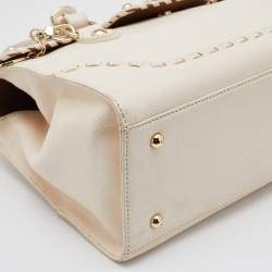 Pre Owned Dkny Off White Leather Flap Whipstitch Trim Tote