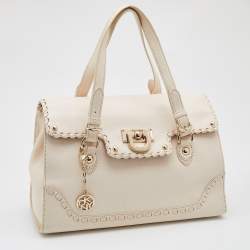 Pre Owned Dkny Off White Leather Flap Whipstitch Trim Tote