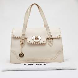 Pre Owned Dkny Off White Leather Flap Whipstitch Trim Tote