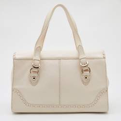 Pre Owned Dkny Off White Leather Flap Whipstitch Trim Tote