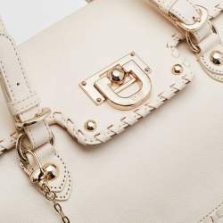 Pre Owned Dkny Off White Leather Flap Whipstitch Trim Tote