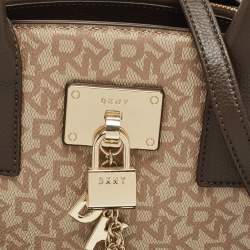 Pre Owned Dkny Brown/Beige Signature Coated Canvas and Leather Padlock Charm Tote