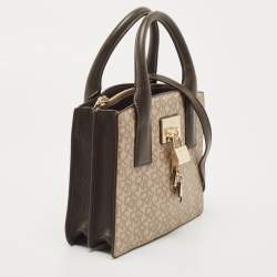 Pre Owned Dkny Brown/Beige Signature Coated Canvas and Leather Padlock Charm Tote