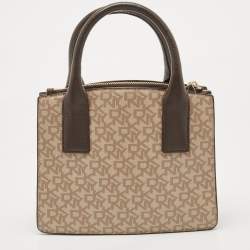 Pre Owned Dkny Brown/Beige Signature Coated Canvas and Leather Padlock Charm Tote