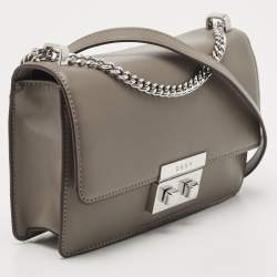 Pre Owned DKNY Grey Leather Pushlock Flap Shoulder Bag