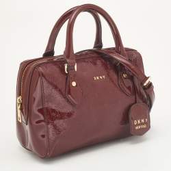 Pre Owned Dkny Dark Red Monogram Embossed Patent Leather Boston Bag