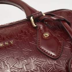 Pre Owned Dkny Dark Red Monogram Embossed Patent Leather Boston Bag