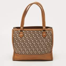 Pre Owned DKNY Brown/Beige Signature Canvas and Leather Tote