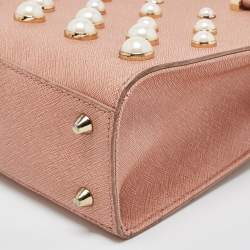 DKNY Pink Textured Leather Pearl Embellished Double Zip Tote