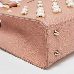 DKNY Pink Textured Leather Pearl Embellished Double Zip Tote