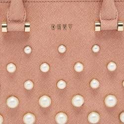 DKNY Pink Textured Leather Pearl Embellished Double Zip Tote