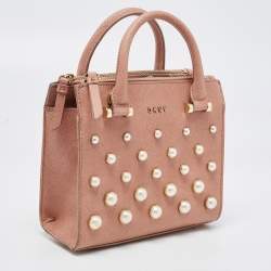 DKNY Pink Textured Leather Pearl Embellished Double Zip Tote