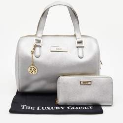 Pre Owned DKNY Silver Saffiano Leather Boston Bag