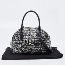 Pre Owned DKNY Black/White Graffiti Leather Erin Dome Satchel